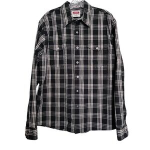WRANGLER Sz L Shirt Black Tan Plaid Long Sleeve Button Up Flex Comfort